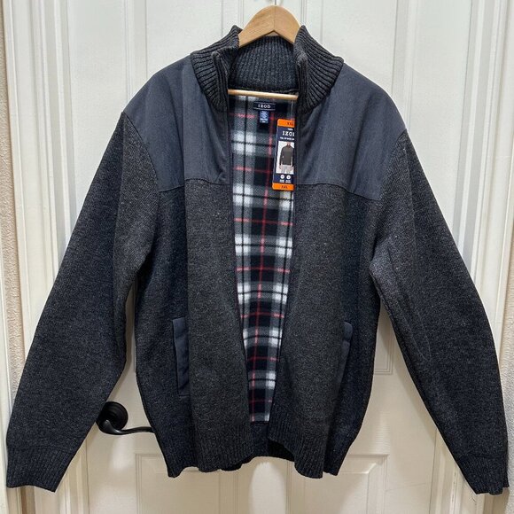 Izod Full Zip Lined Sweater Men's Size XXL Grey Relaxed Fit Stretch Warm (NEW) - Picture 15 of 16